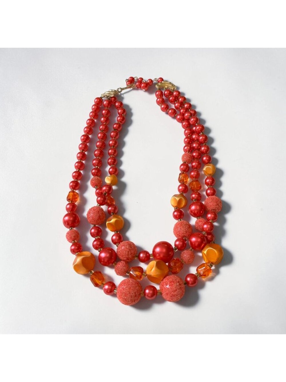 Vintage 3 Strand Red & Orange Sugar Bead Chunky Necklace Retro Layered Jewelry